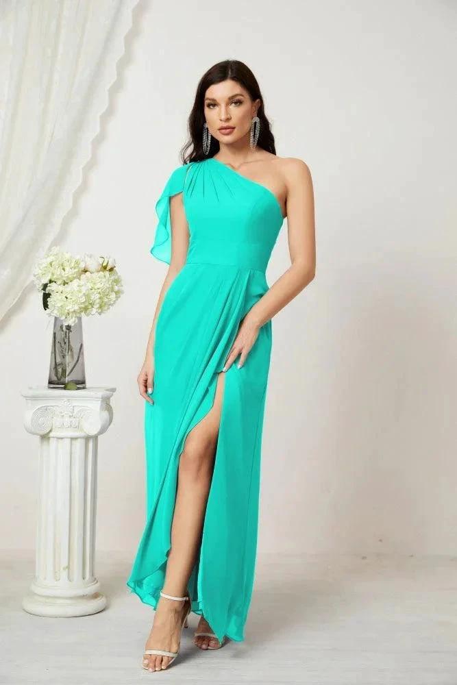 Numbersea Chiffon Ruffled One Shoulder Long Bridesmaid Dresses A-line Formal Evening Gown Side Split 2809 by numbersea