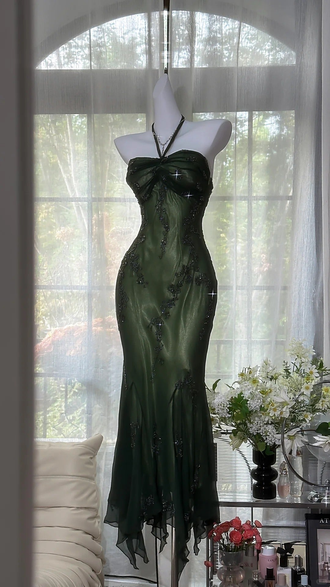 Luxury Dark Green Mermaid Bead Embroidered Chiffon Long Prom Dress Evening Dress - View 3 | VelvetHem