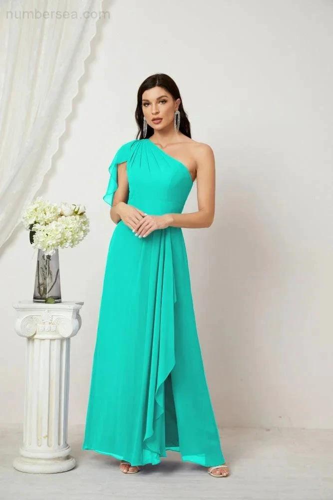 ZapDress  Chiffon Ruffled One Shoulder Long Bridesmaid Dresses A-line Formal Evening Gown Side Split 2809 (ZD17049)