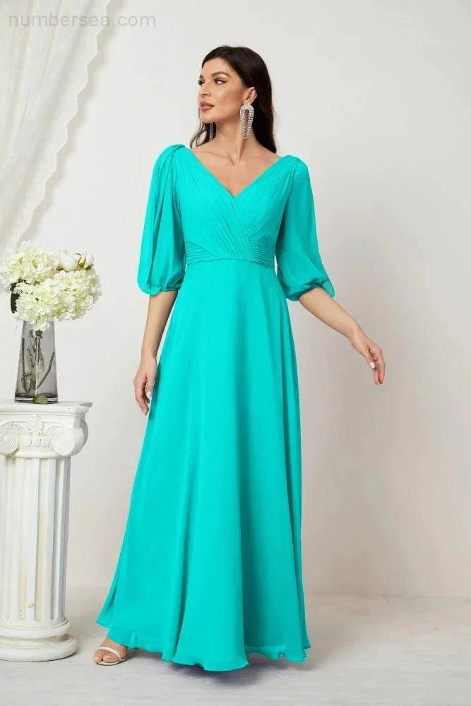 ZapDress  Formal Prom Gown Women V-Neck Chiffon Bridesmaid Dresses Long Bishop Sleeve Party Dress 2807 (ZD17027)