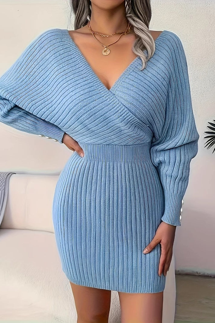 Elegant Cross V Neck Batwing Sleeve Bodycon Sweater Dress - VelvetHem