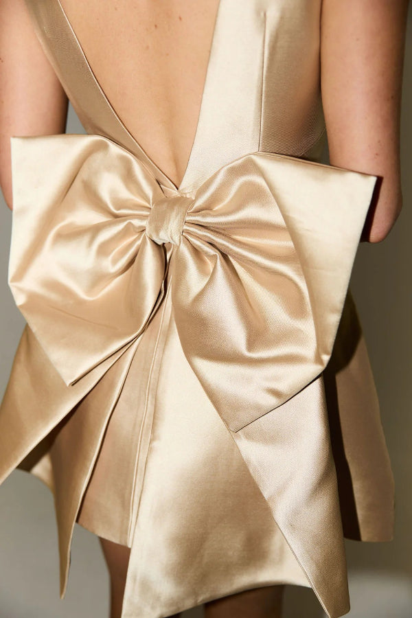 Daisy Premium Satin Mini Dress with Oversized Bow Detail and Square Neckline Wardrobe Essential