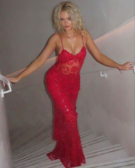 Gorgeous Red Lace Beading Mermaid Evening Dress Party Prom Dress - VelvetHem