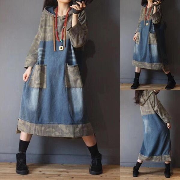 Vintage Spliced Hooded Dresses Female Spring Irregular Length Dress