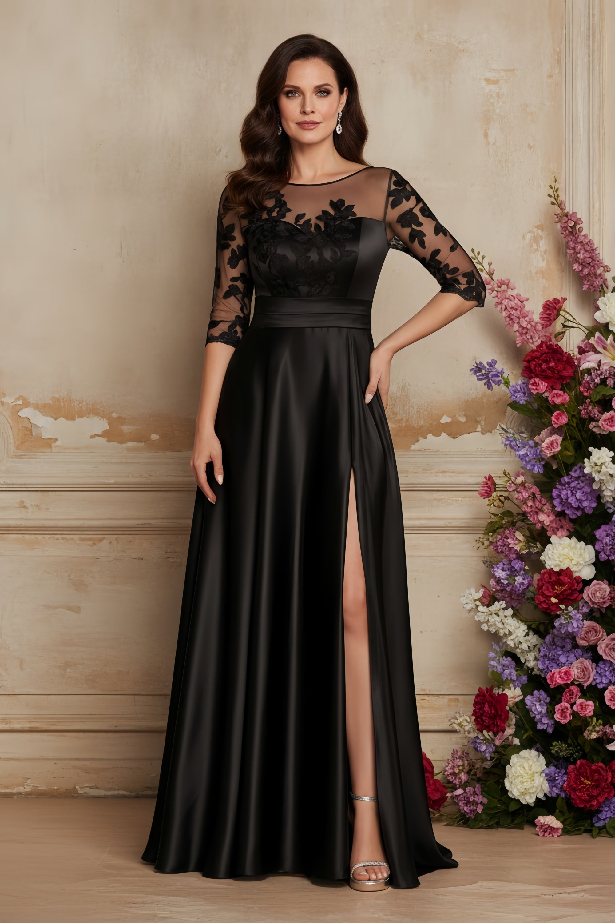 Elegant Illusion Lace Bodice Gown with 3/4 Sleeves and Slit
