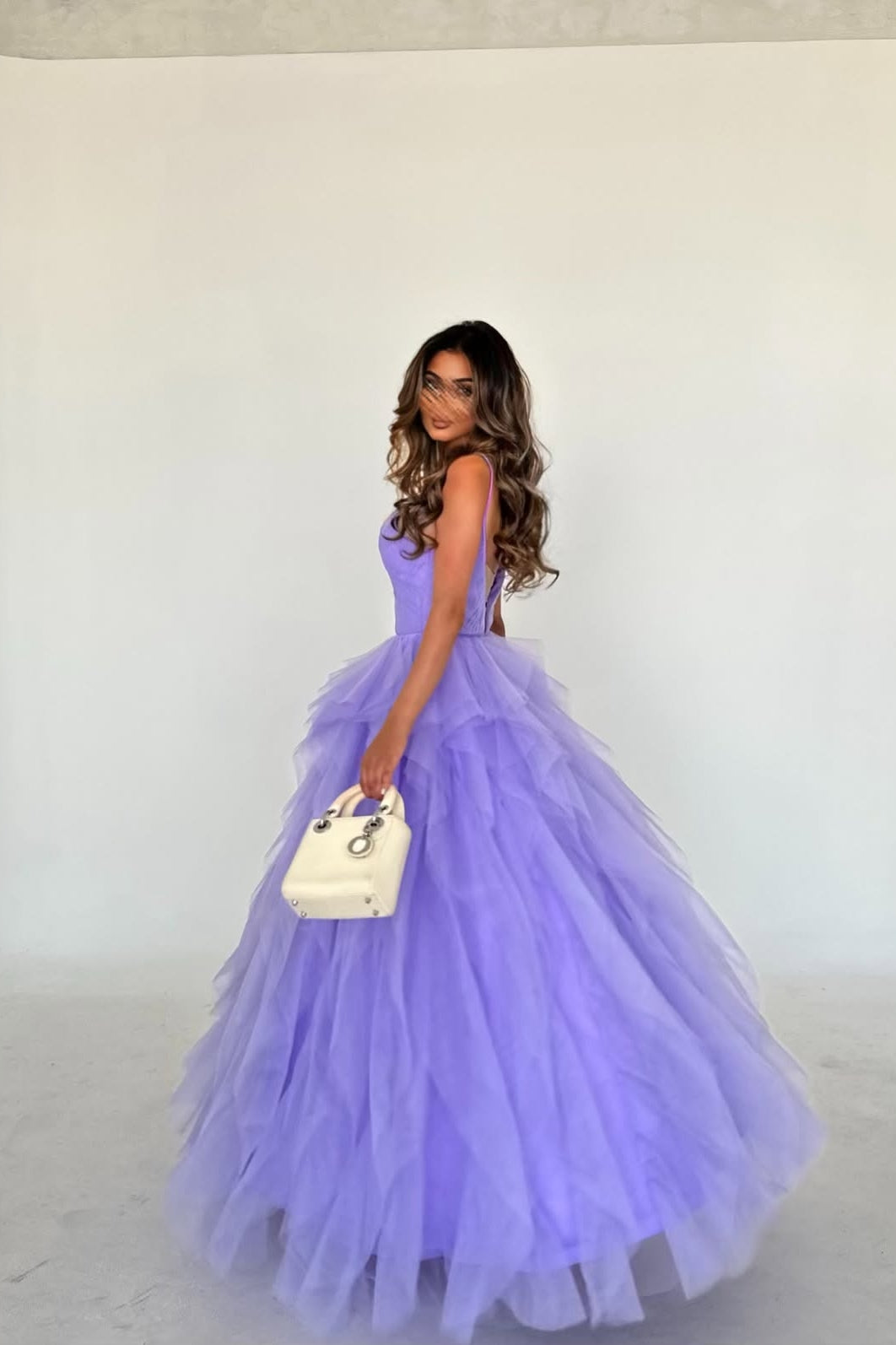 Gorgeous A Line Spaghetti Straps Lavender Tulle Long Party Dress - View 2 | VelvetHem