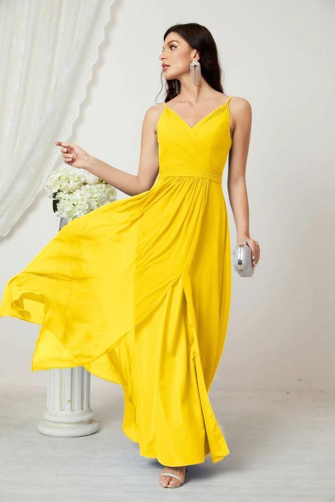 Numbersea Chiffon V-Neck Bridesmaid Dress Spaghetti Strap Long Formal Party Prom Gowns with Slit 28010 by numbersea