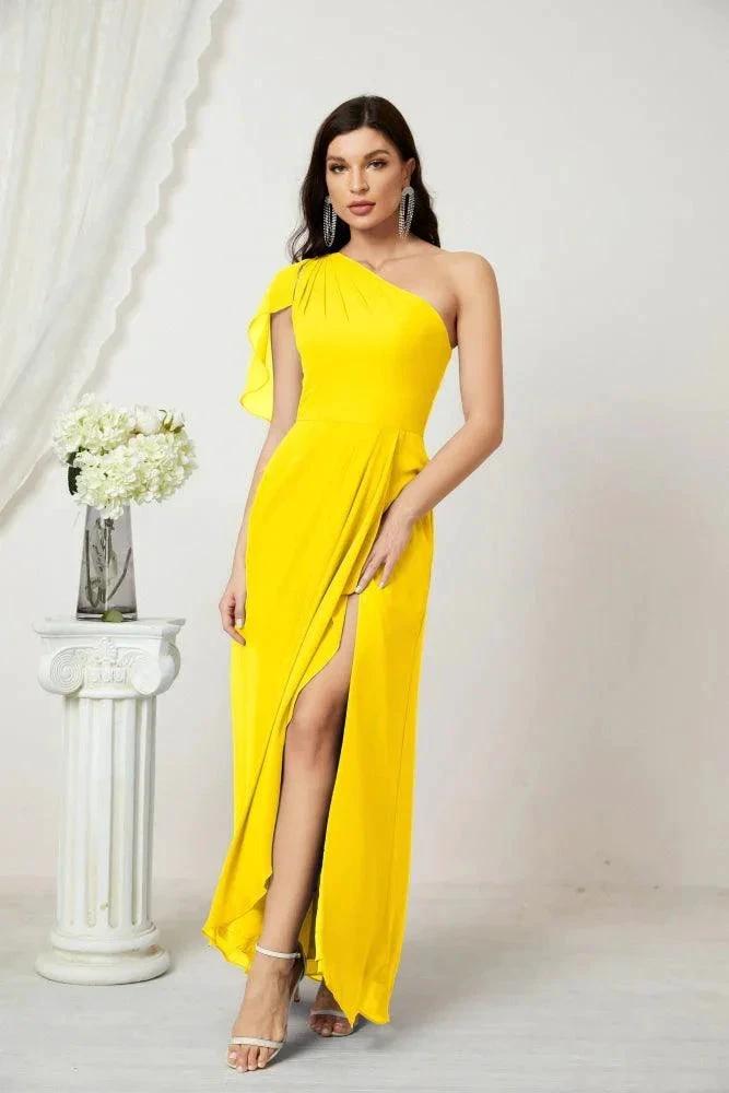 Numbersea Chiffon Ruffled One Shoulder Long Bridesmaid Dresses A-line Formal Evening Gown Side Split 2809 by numbersea