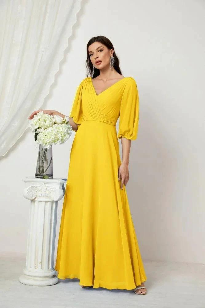 Numbersea Formal Prom Gown Women V-Neck Chiffon Bridesmaid Dresses Long Bishop Sleeve Party Dress 2807 by numbersea