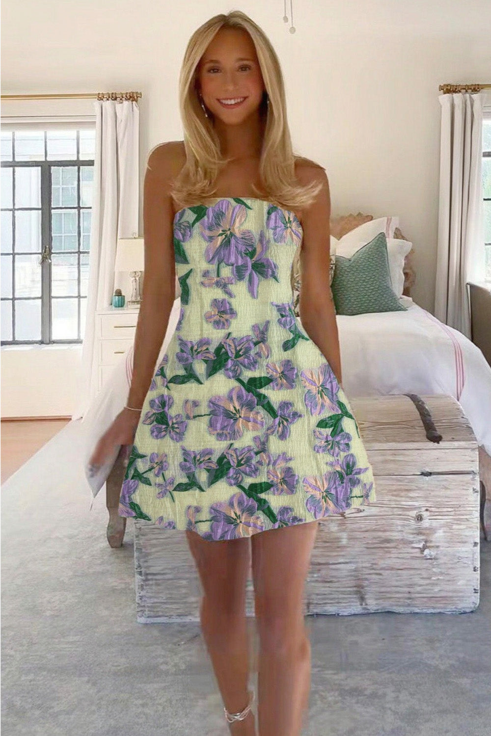 Charming A Line Strapless Light Green Floral Printed Short Homecoming Dress