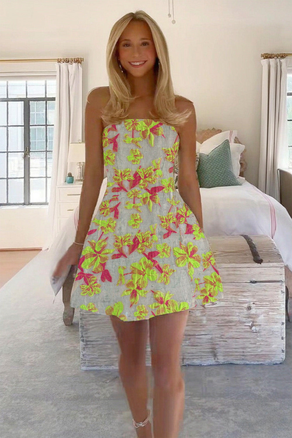 Charming A Line Strapless Light Green Floral Printed Short Homecoming Dress