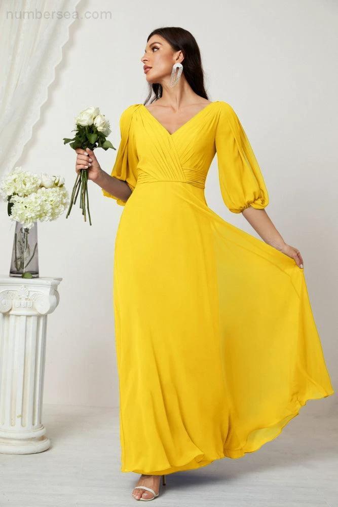 ZapDress  Formal Prom Gown Women V-Neck Chiffon Bridesmaid Dresses Long Bishop Sleeve Party Dress 2807 (ZD17027)