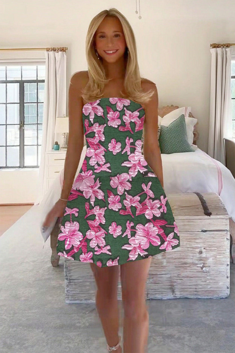 Charming A Line Strapless Light Green Floral Printed Short Homecoming Dress