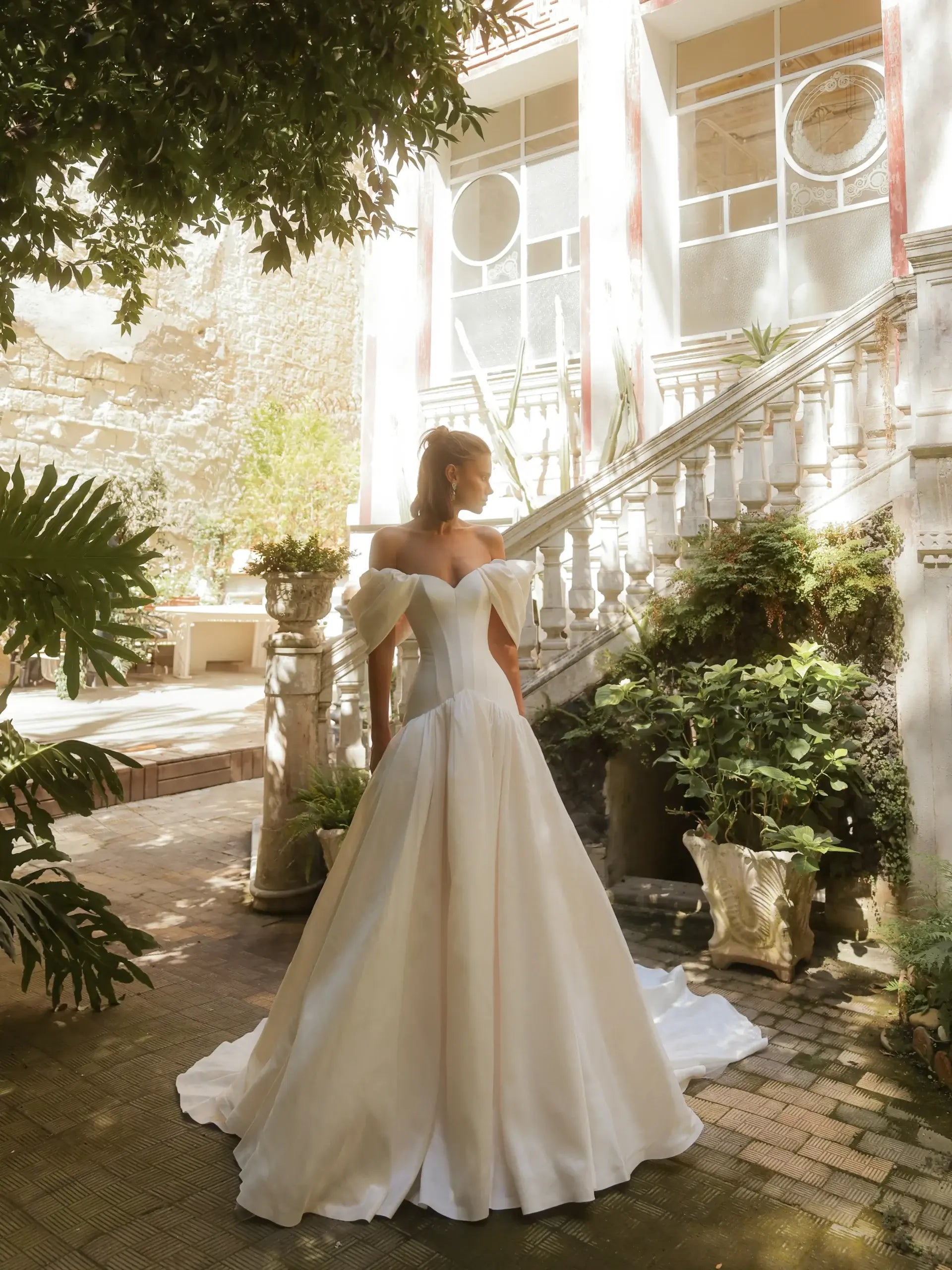 Romantic White Satin Off-the-Shoulder Puff Sleeve Ball Gown Wedding Dress ZP113