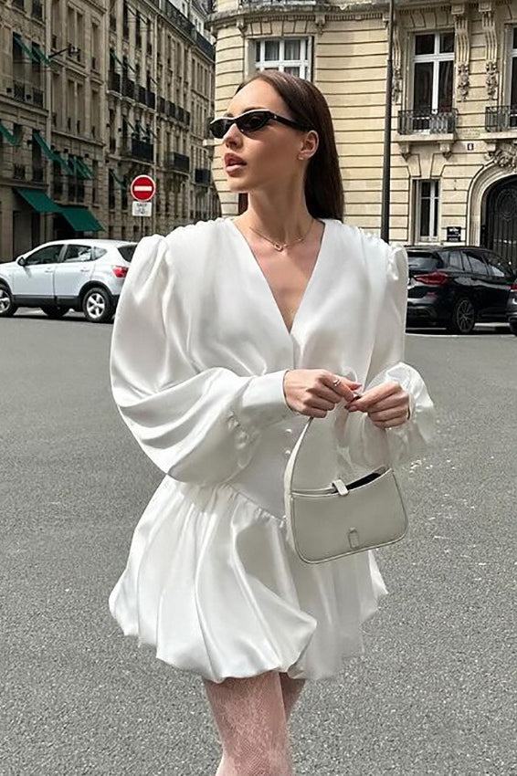 White V Neck Puff Sleeve Mini Dress