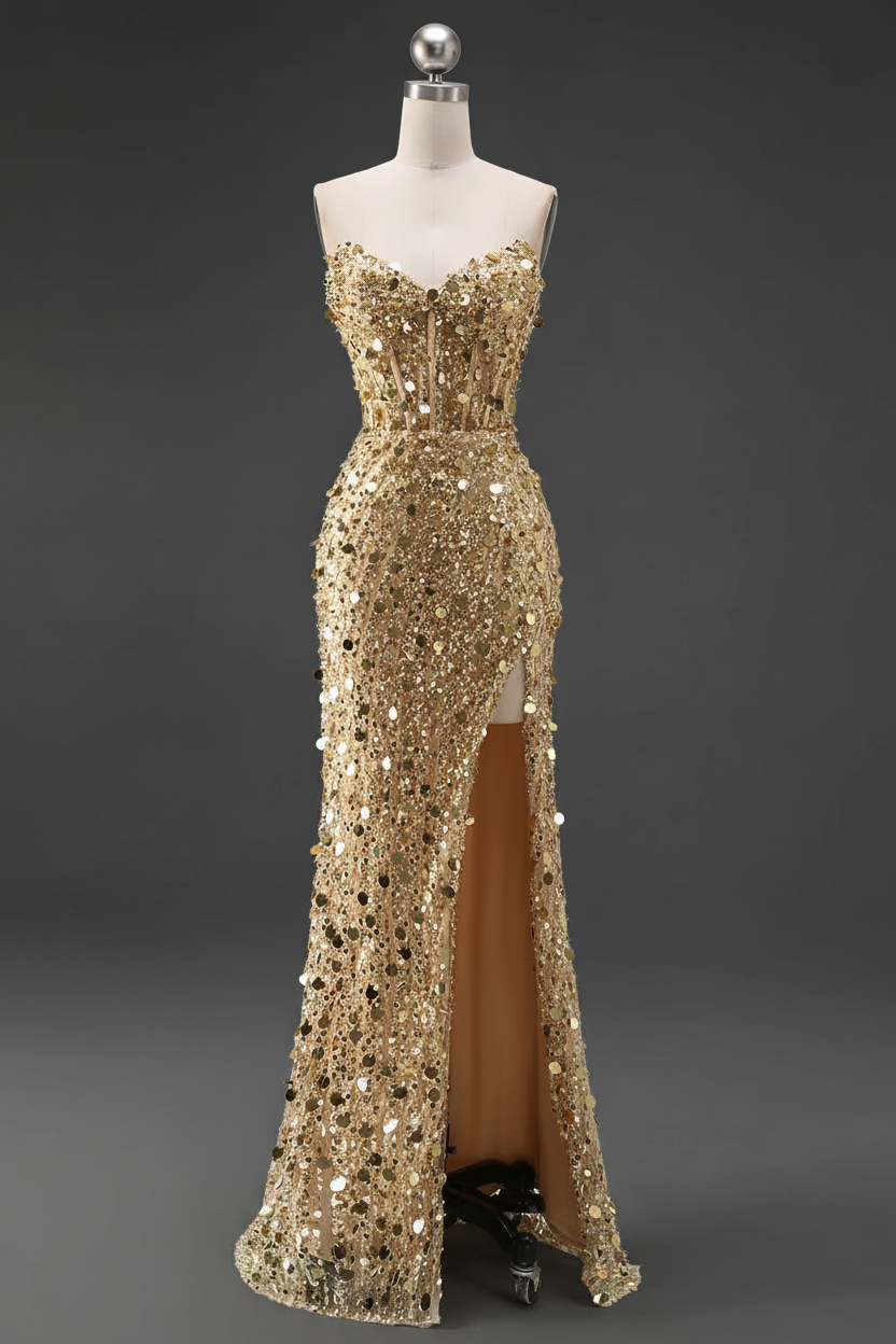 Sparkly Gold Fully Beaded Prom Dress with Deep V Neck Slit and Open Back (ZD17393)