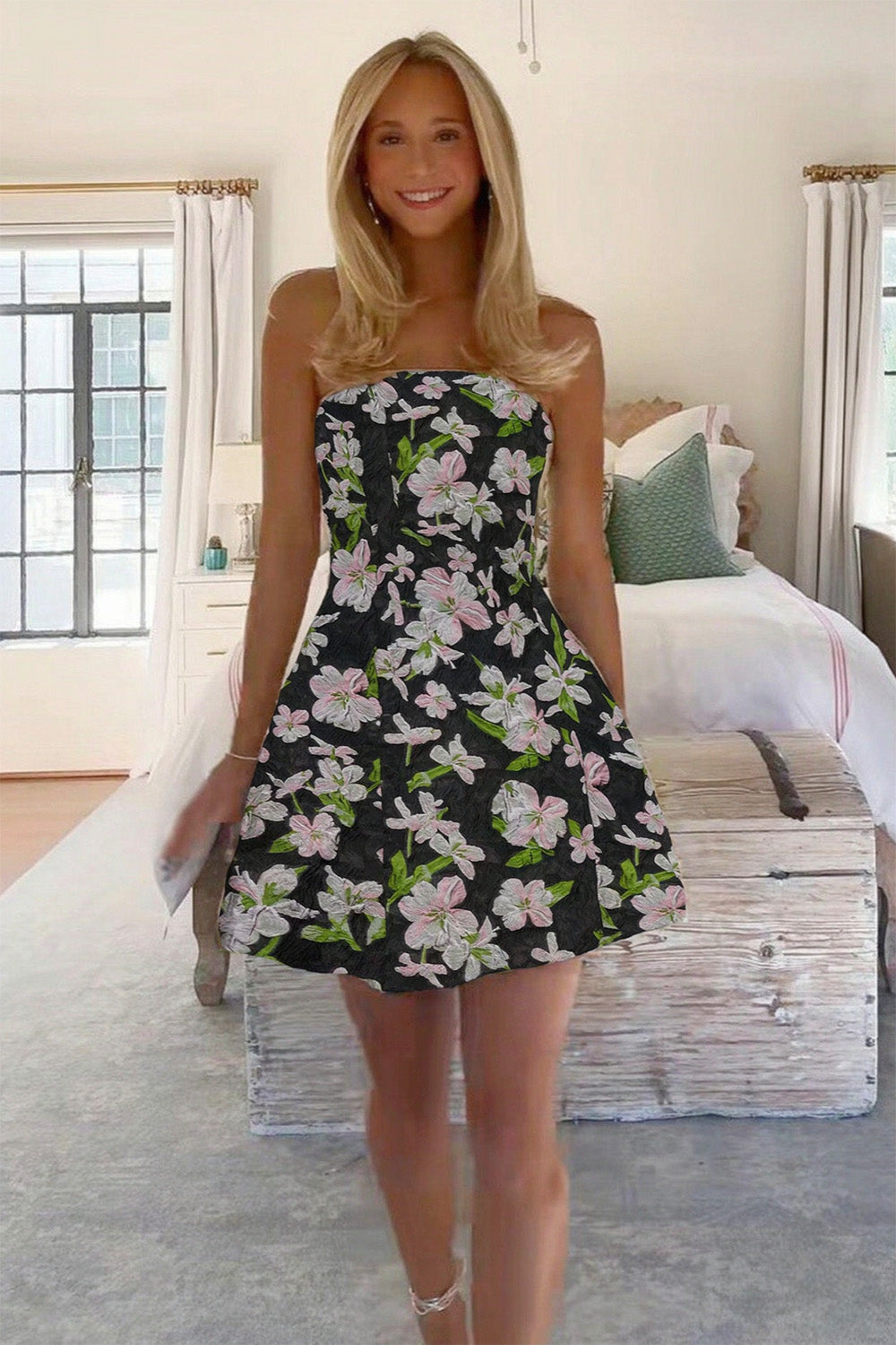 Charming A Line Strapless Light Green Floral Printed Short Homecoming Dress