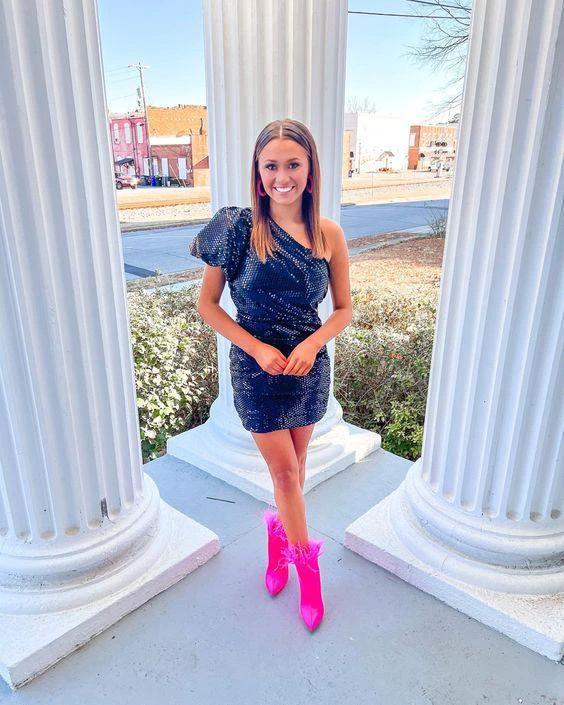 One Shoulder Sequins Short Homecoming Dress Graduation Dress (ZD12437) - VelvetHem