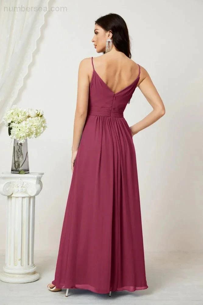 ZapDress Chiffon V-Neck Bridesmaid Dress Spaghetti Strap Long Formal Party Prom Gowns with Slit 28010 (ZD17028)
