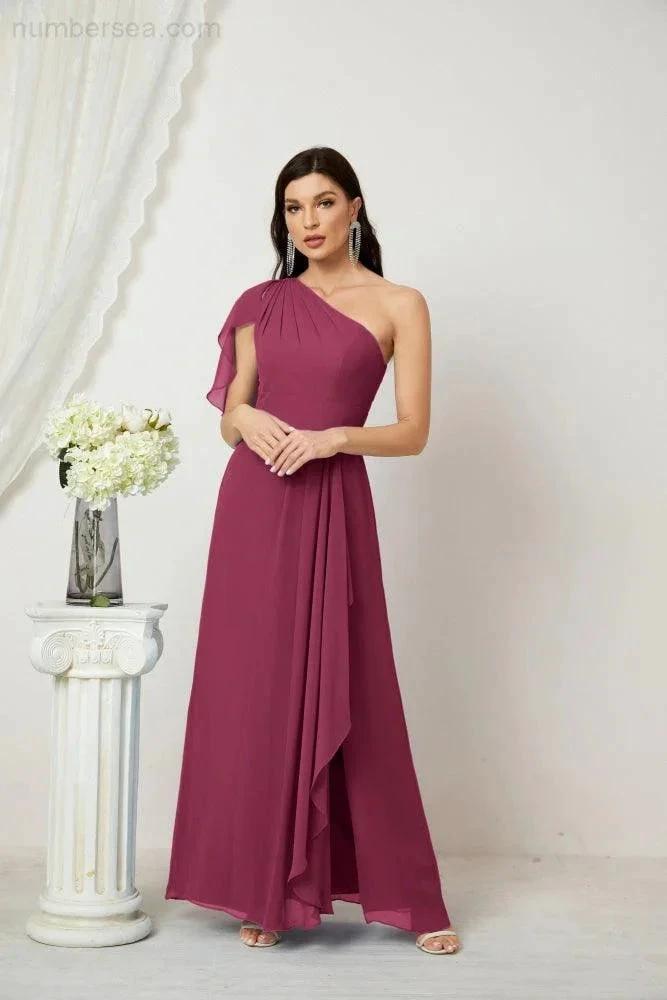 ZapDress  Chiffon Ruffled One Shoulder Long Bridesmaid Dresses A-line Formal Evening Gown Side Split 2809 (ZD17049)