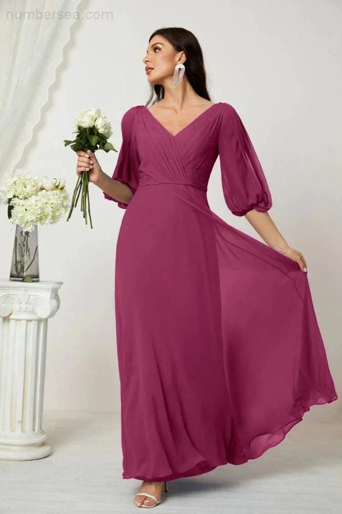 ZapDress  Formal Prom Gown Women V-Neck Chiffon Bridesmaid Dresses Long Bishop Sleeve Party Dress 2807 (ZD17027)