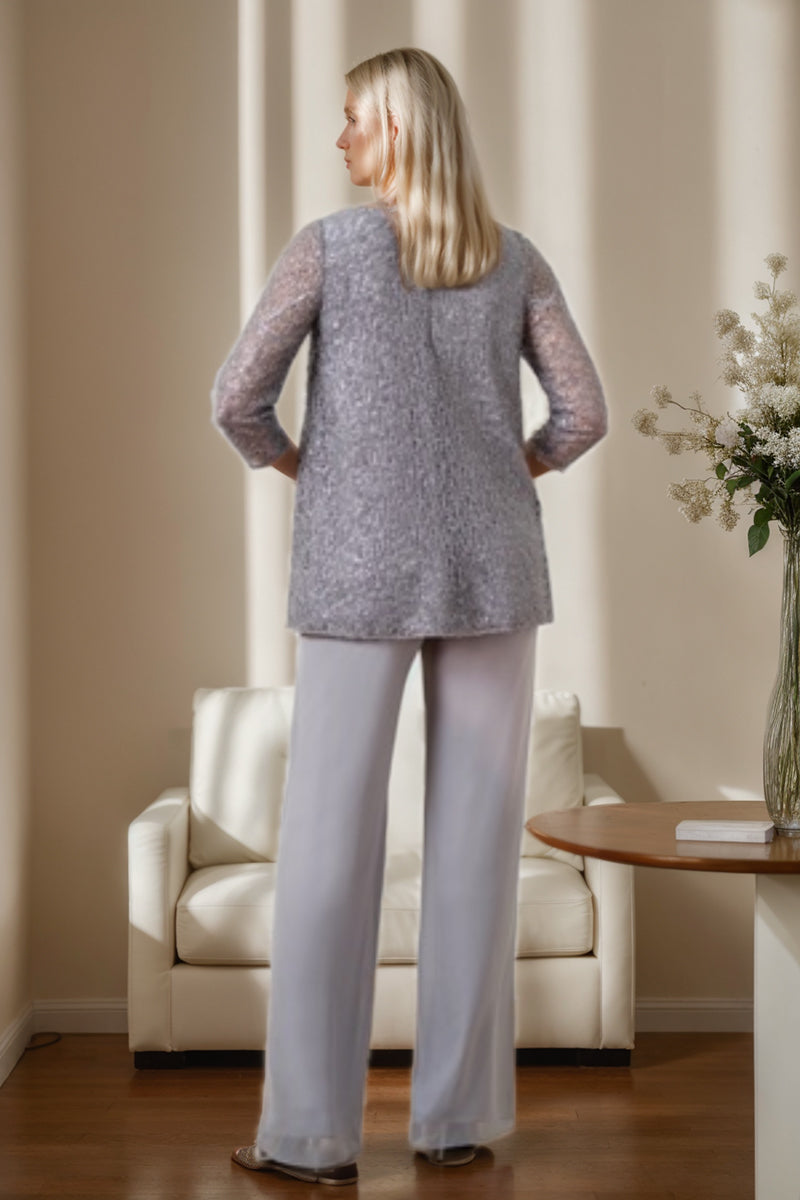 3/4 Sleeve V Neck Chiffon Mother of the Bride Pantsuit with Sequins