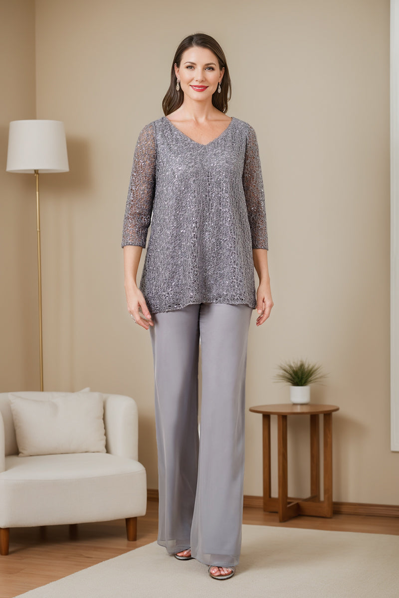 3/4 Sleeve V Neck Chiffon Mother of the Bride Pantsuit with Sequins