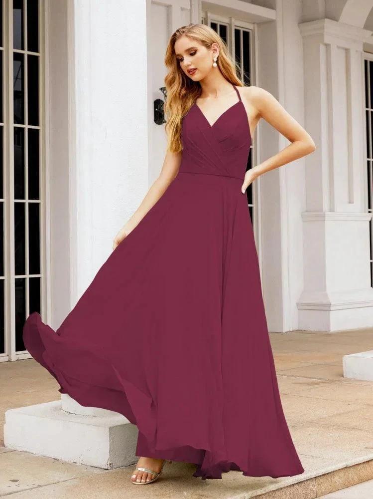 Numbersea Halter Chiffon Bridesmaid Dresses Wedding Appare Sleeveless Formal Prom Dress with Ruffled Back 28035 by numbersea