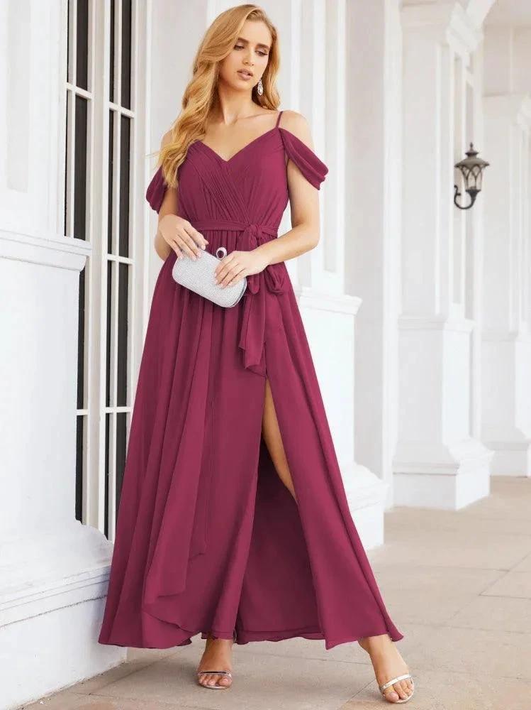 Numbersea Off The Shoulder Chiffon Bridesmaid Dress Long Formal Graduation Gown with Cowl Back 28069 by numbersea