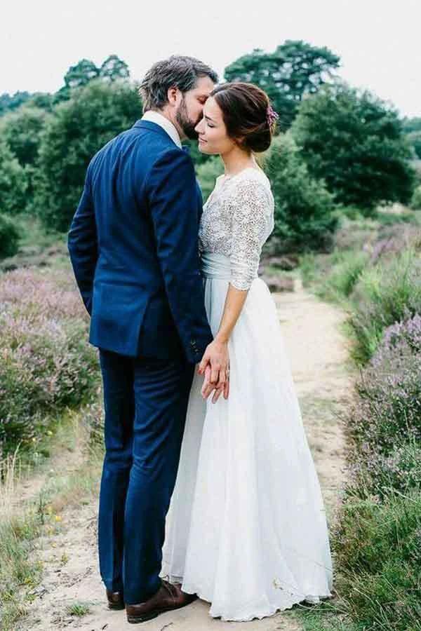 3/4 Sleeve See Through Backless Lace  Chiffon Wedding Dresses (ZD16034)