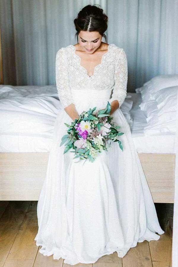 3/4 Sleeve See Through Backless Lace  Chiffon Wedding Dresses (ZD16034)