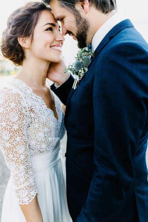 3/4 Sleeve See Through Backless Lace  Chiffon Wedding Dresses (ZD16034)