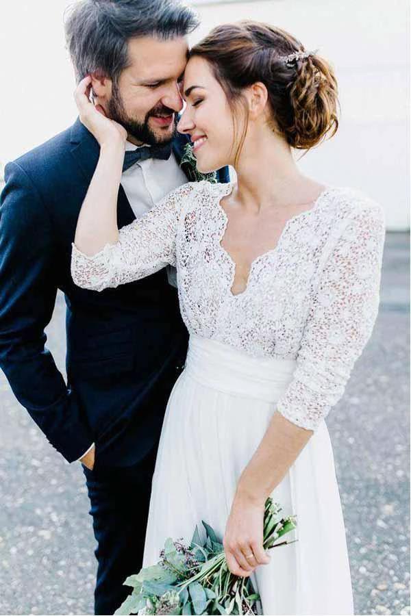 3/4 Sleeve See Through Backless Lace  Chiffon Wedding Dresses (ZD16034)