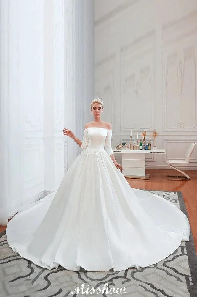 3/4 Sleeves Off-the-Shoulder Ball Gown White Aline Wedding Dress (ZD13983)