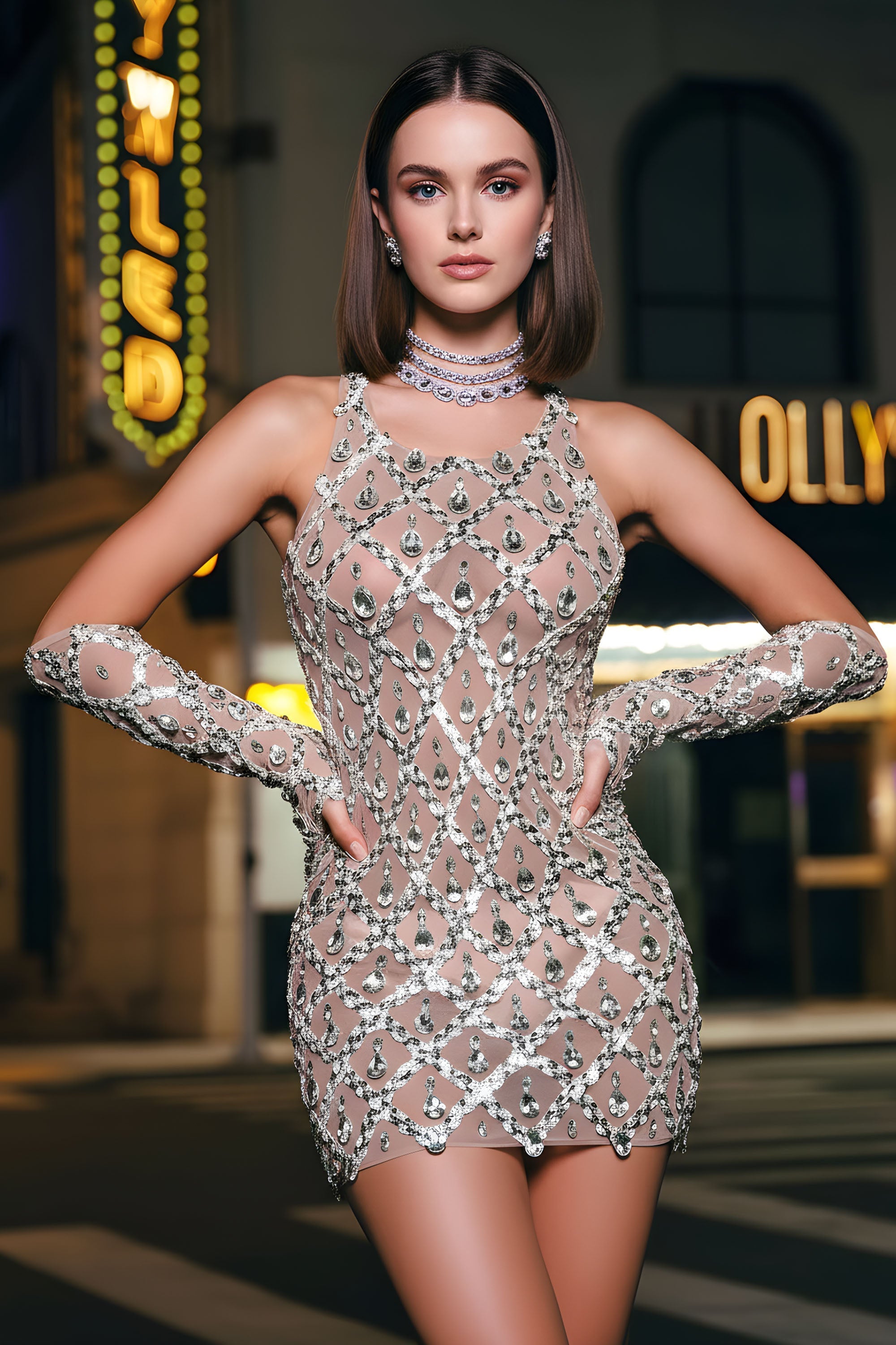 Sleeveless Geometric Rhinestone Mini Dress with Detached Sleeves