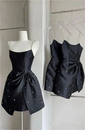 Gorgeous Black A Line Satin Homecoming Dress With Beaded - VelvetHem