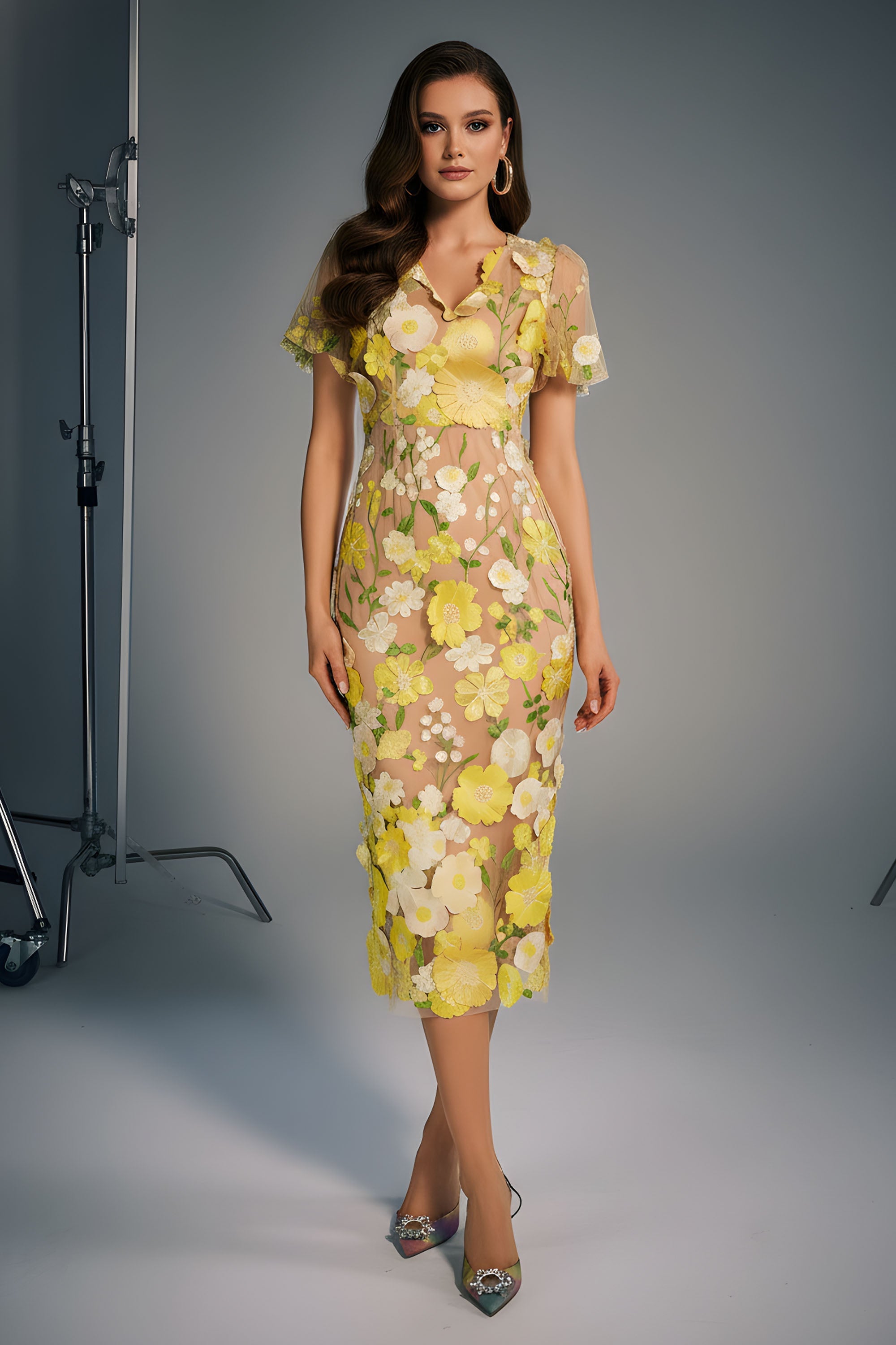 Flutter Sleeve V-Neck 3D Floral Applique Mesh Midi Dress