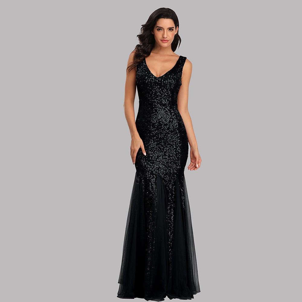 Sequin Stitching Mesh Mermaid Evening Dress Double V Neck Sleeveless Bridesmaid Elastic Dress - VelvetHem