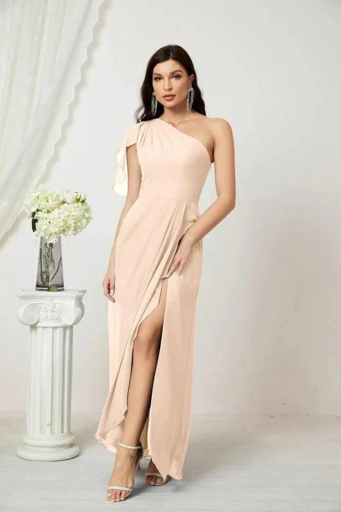 Numbersea Chiffon Ruffled One Shoulder Long Bridesmaid Dresses A-line Formal Evening Gown Side Split 2809 by numbersea