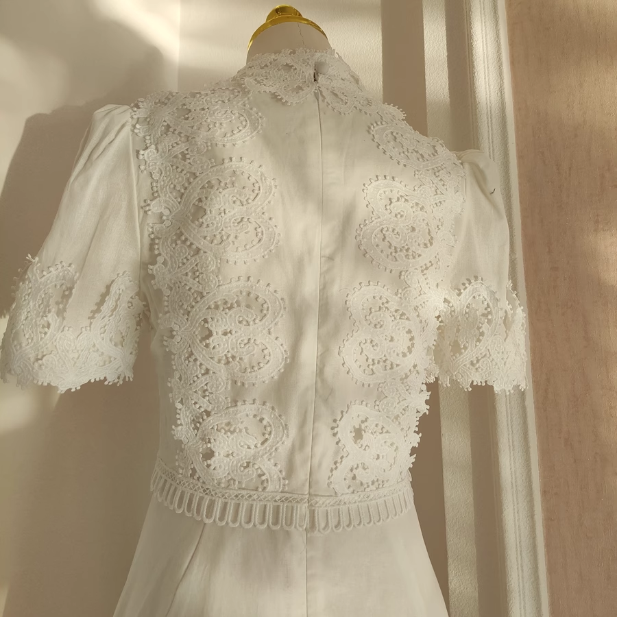Cute A line High Neckline Short Sleeves Lace White Party Dress Chiffon Holiday Dresses - View 3 | VelvetHem
