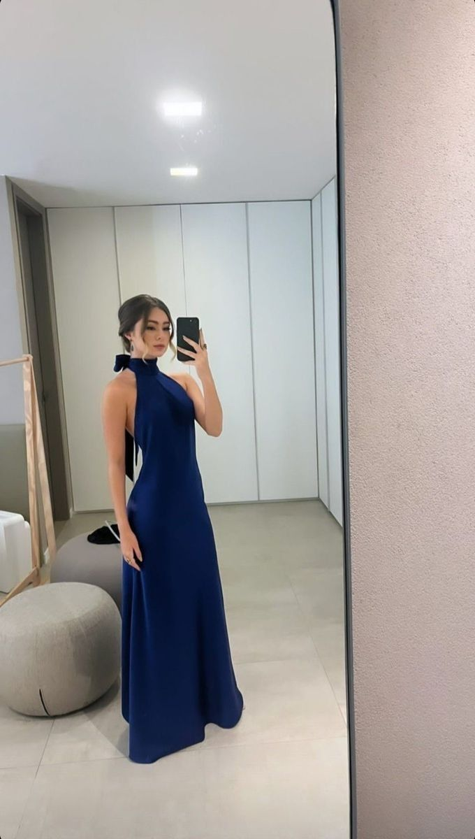 Classy A Line Satin Navy Blue Long Prom Dress Evening Dress