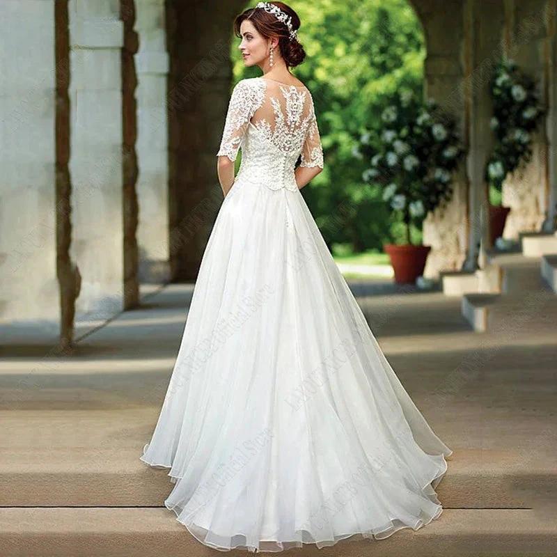 Lace Half Sleeves Wedding Dress For Bridal Illusion Appliques Buttons Back robe de mariée grande taille Custom Made (ZD13503)