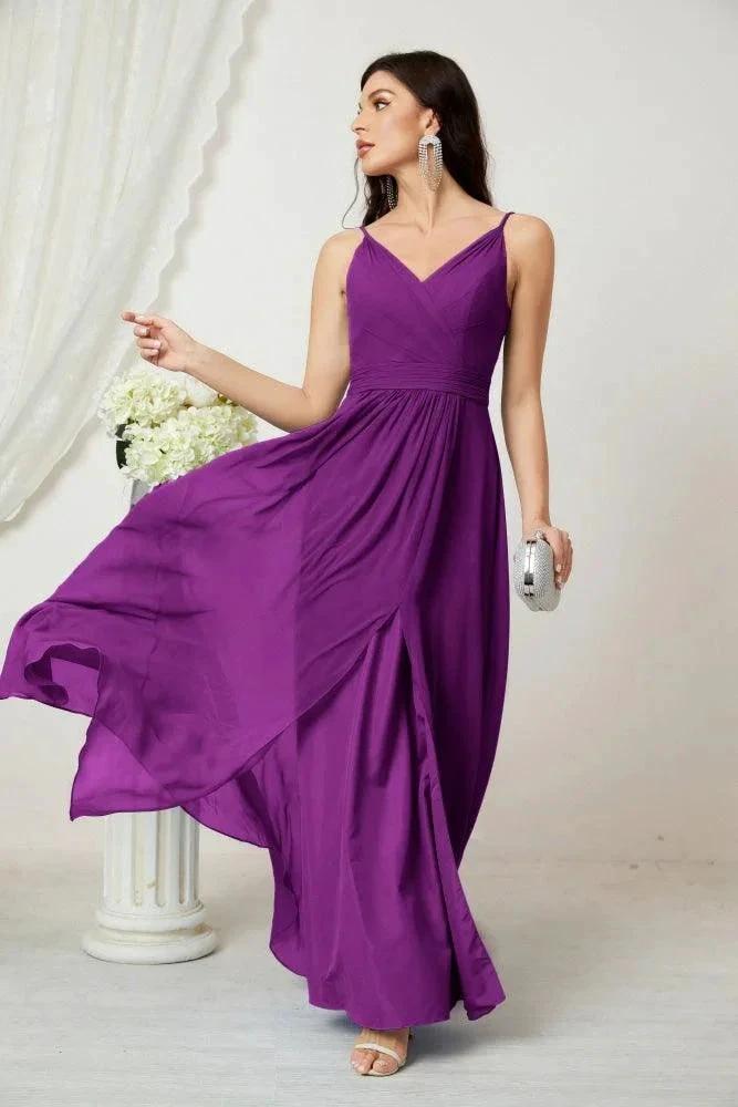 Numbersea Chiffon V-Neck Bridesmaid Dress Spaghetti Strap Long Formal Party Prom Gowns with Slit 28010 by numbersea