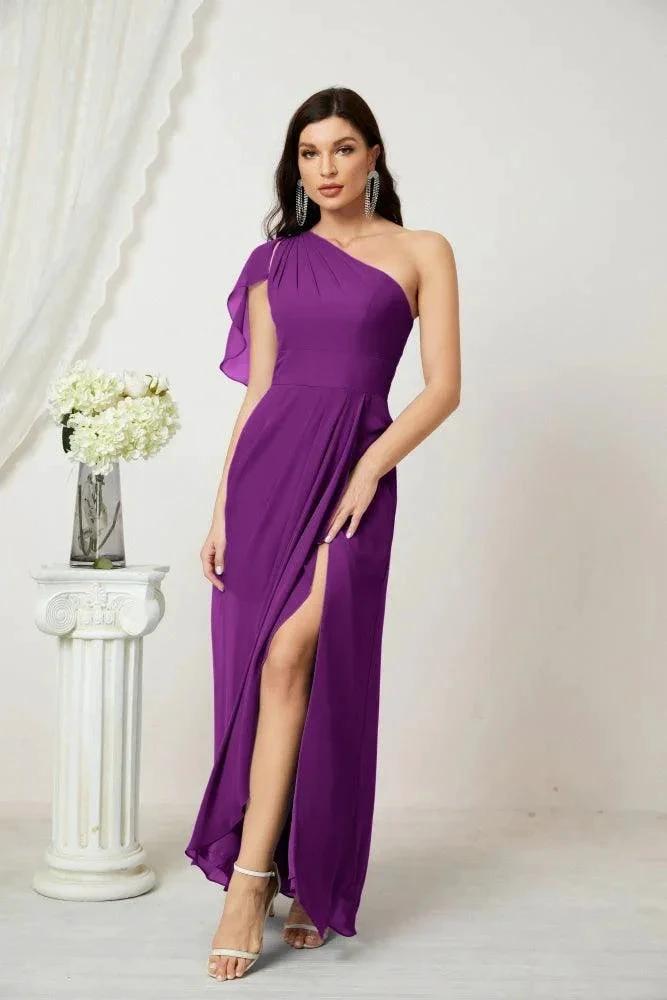 Numbersea Chiffon Ruffled One Shoulder Long Bridesmaid Dresses A-line Formal Evening Gown Side Split 2809 by numbersea
