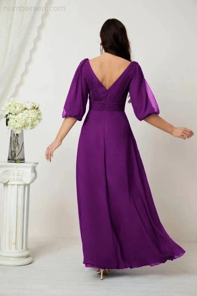 ZapDress  Formal Prom Gown Women V-Neck Chiffon Bridesmaid Dresses Long Bishop Sleeve Party Dress 2807 (ZD17027)