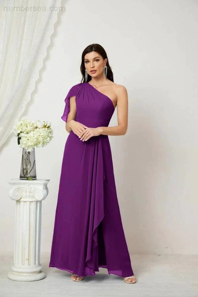 ZapDress  Chiffon Ruffled One Shoulder Long Bridesmaid Dresses A-line Formal Evening Gown Side Split 2809 (ZD17049)