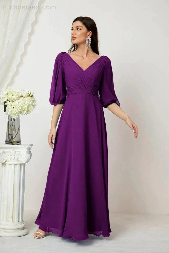 ZapDress  Formal Prom Gown Women V-Neck Chiffon Bridesmaid Dresses Long Bishop Sleeve Party Dress 2807 (ZD17027)