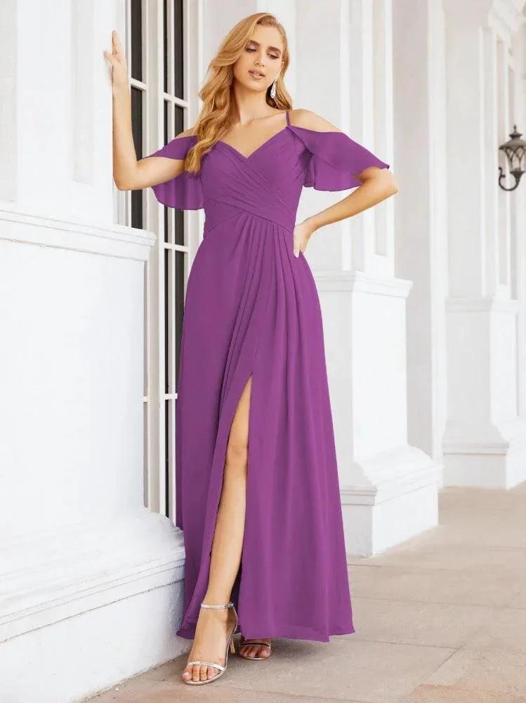 Numbersea Cold Shoulder Long Bridesmaid Dresses Side Slit Formal Prom Gowns Party Wedding 28070 by numbersea