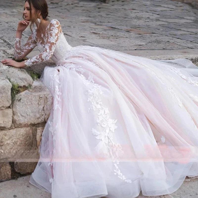 Luxury Pink Long Sleeves Wedding Dress Ball Gown Lace Appliques O-Neck Button Royal Train Bride Gowns Vestido De Novia Princess (ZD13368)