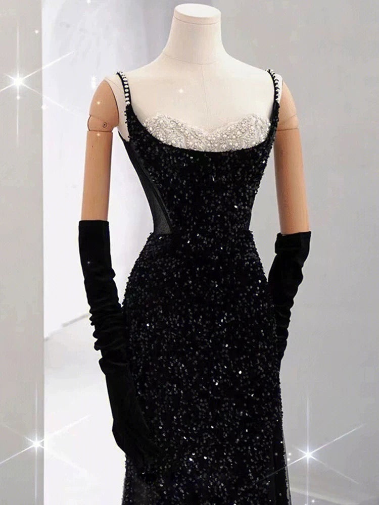 Elegant Mermaid Spaghetti Straps Black Sequin Long Prom Dresses Party Dress With Beads - View 5 | VelvetHem